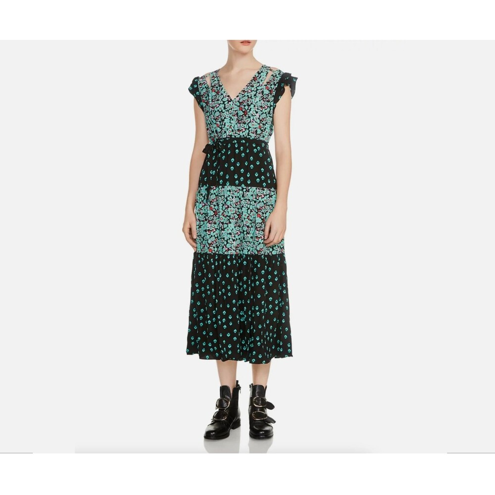 MAJE Renoli Mixed Floral-Print Midi Cut Out Dress Aqua Black Size 2/ US M